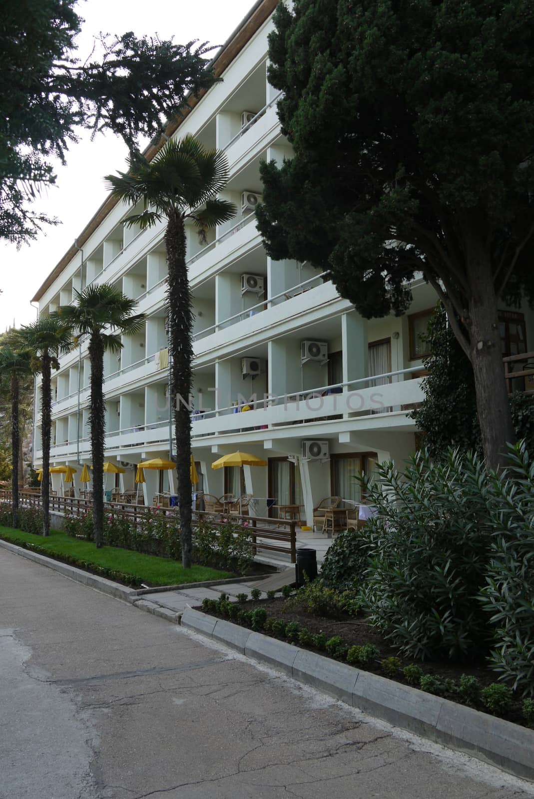 Sanatorium with balconies with palm trees growing below and a gr by Adamchuk