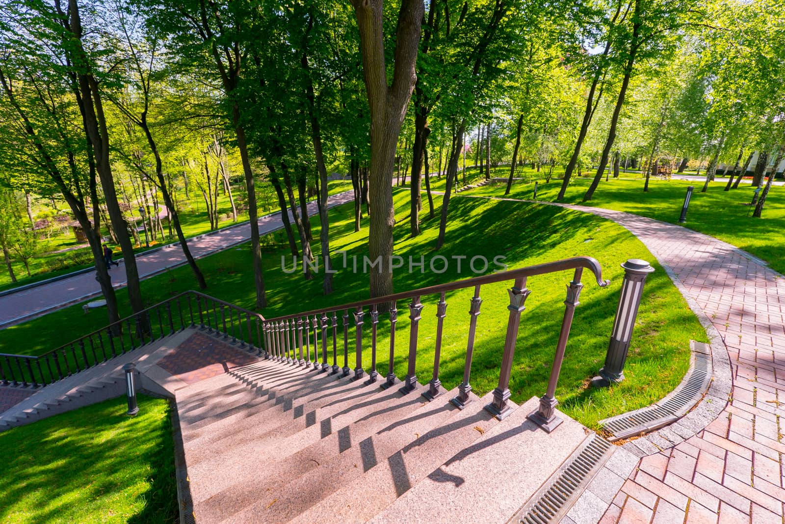 Go downstairs with flashlights in a green summer park on a lively day
