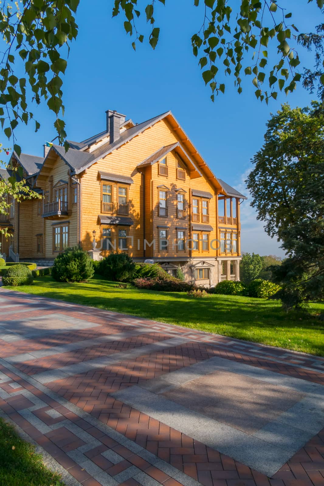 The garden with beautiful trees around the house is tiled with different colors