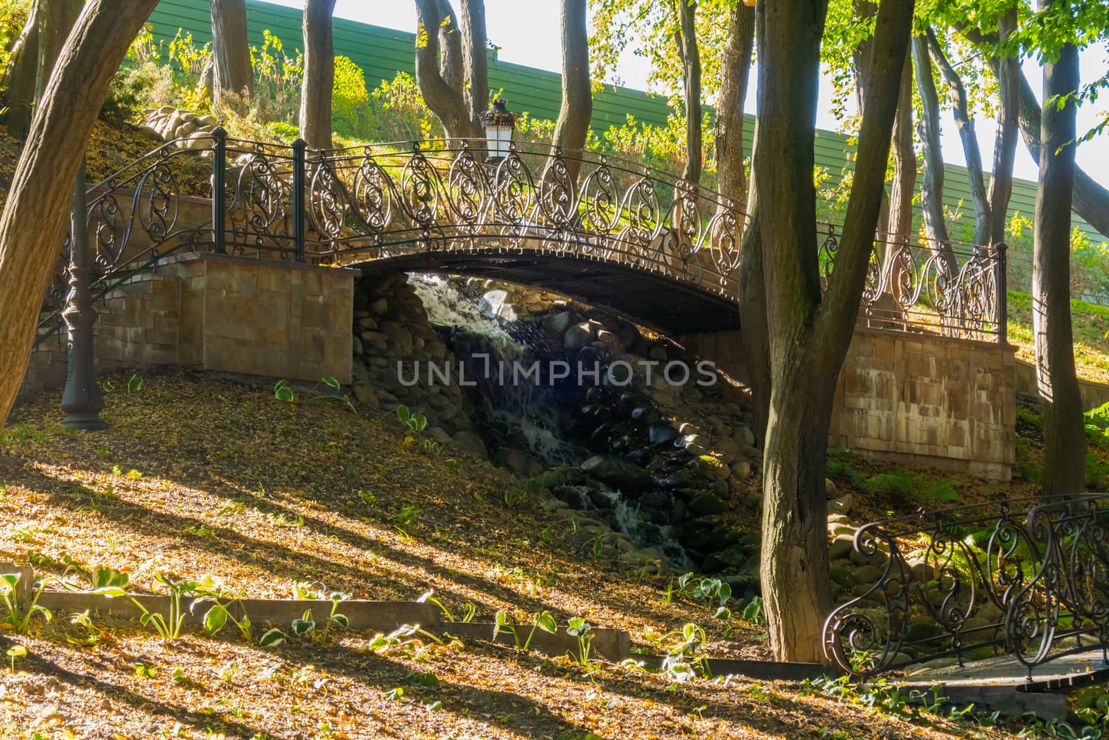 A small decorative waterfall with several forged bridges along the course of its current