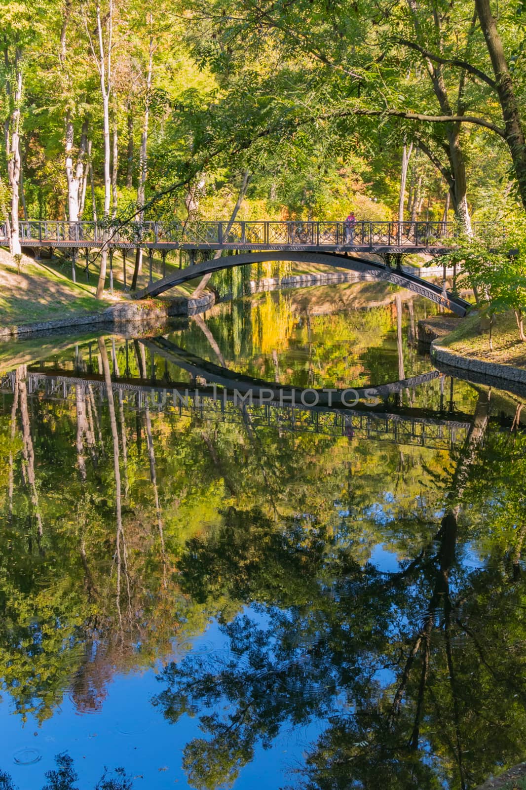 Figured bridge with patterns over a pond reflecting the sky and trees