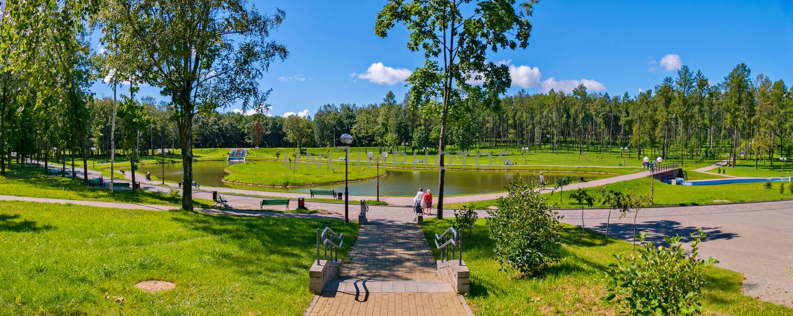 Panorama of the park with a pond, lawn and green trees. An excellent place for walking with children by Adamchuk