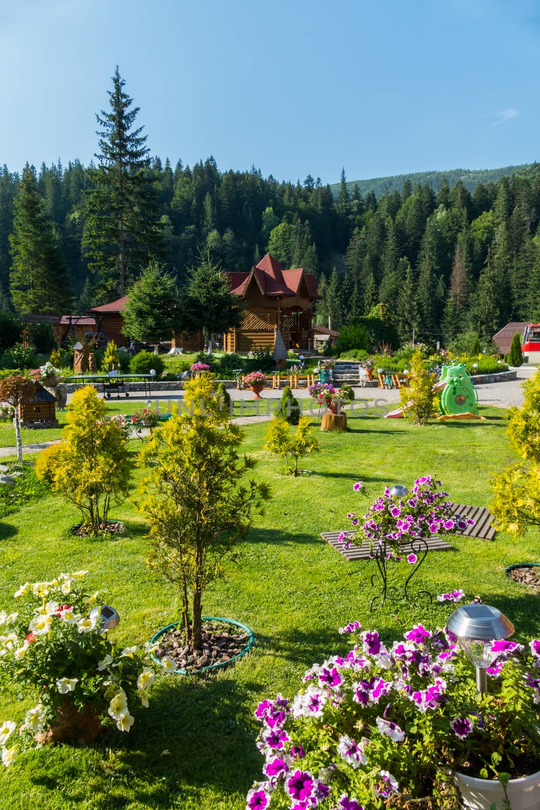 A beautiful garden with a green lawn and flowers sitting on it with a children's slide and young trees against the backdrop of a dense forest and a mountain top that can be seen in the distance. by Adamchuk