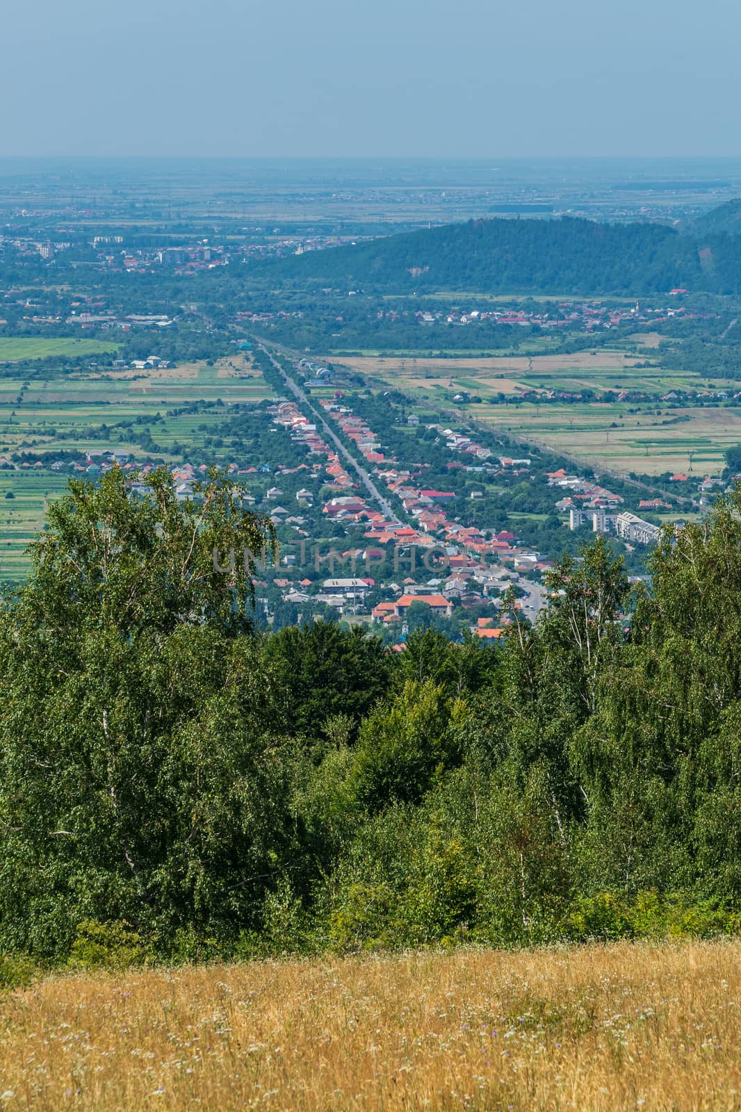 A charming view from the hill to the city lying in a mountain valley with a central street and roofs of houses among the greenery on either side of it.