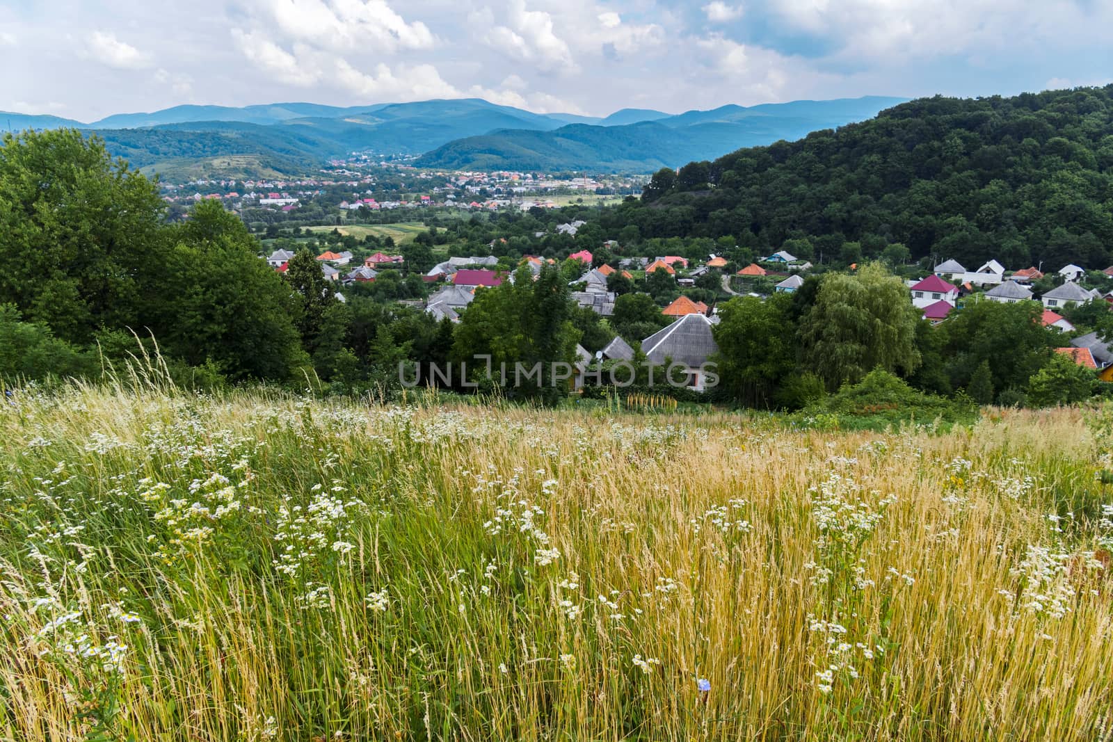 he village lying in the green mountain valley is very beautiful