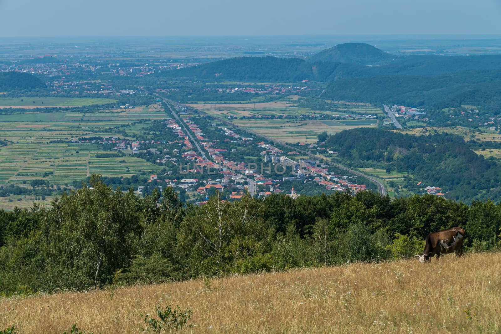 A magnificent landscape of the city lying in a green valley stretching into the distance to the horizon line next to the mountains.