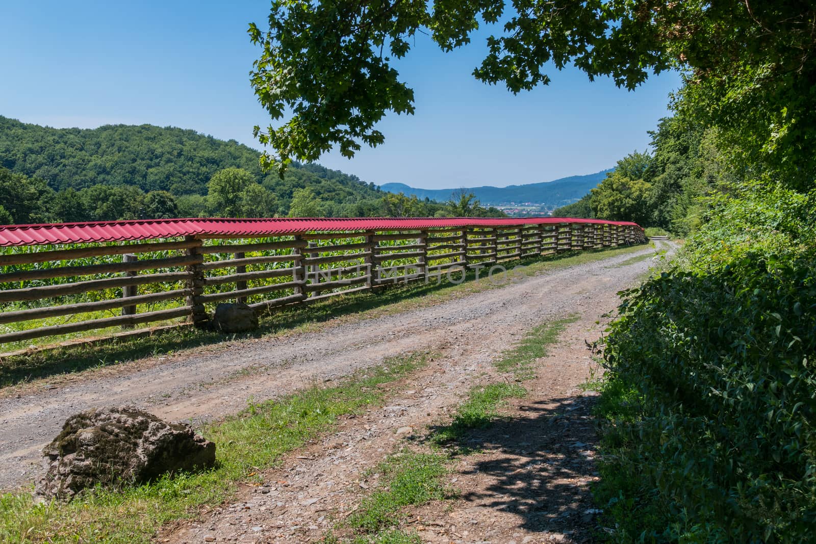 A forest road along a wooden fence with a red roof against the background of wide green mountains