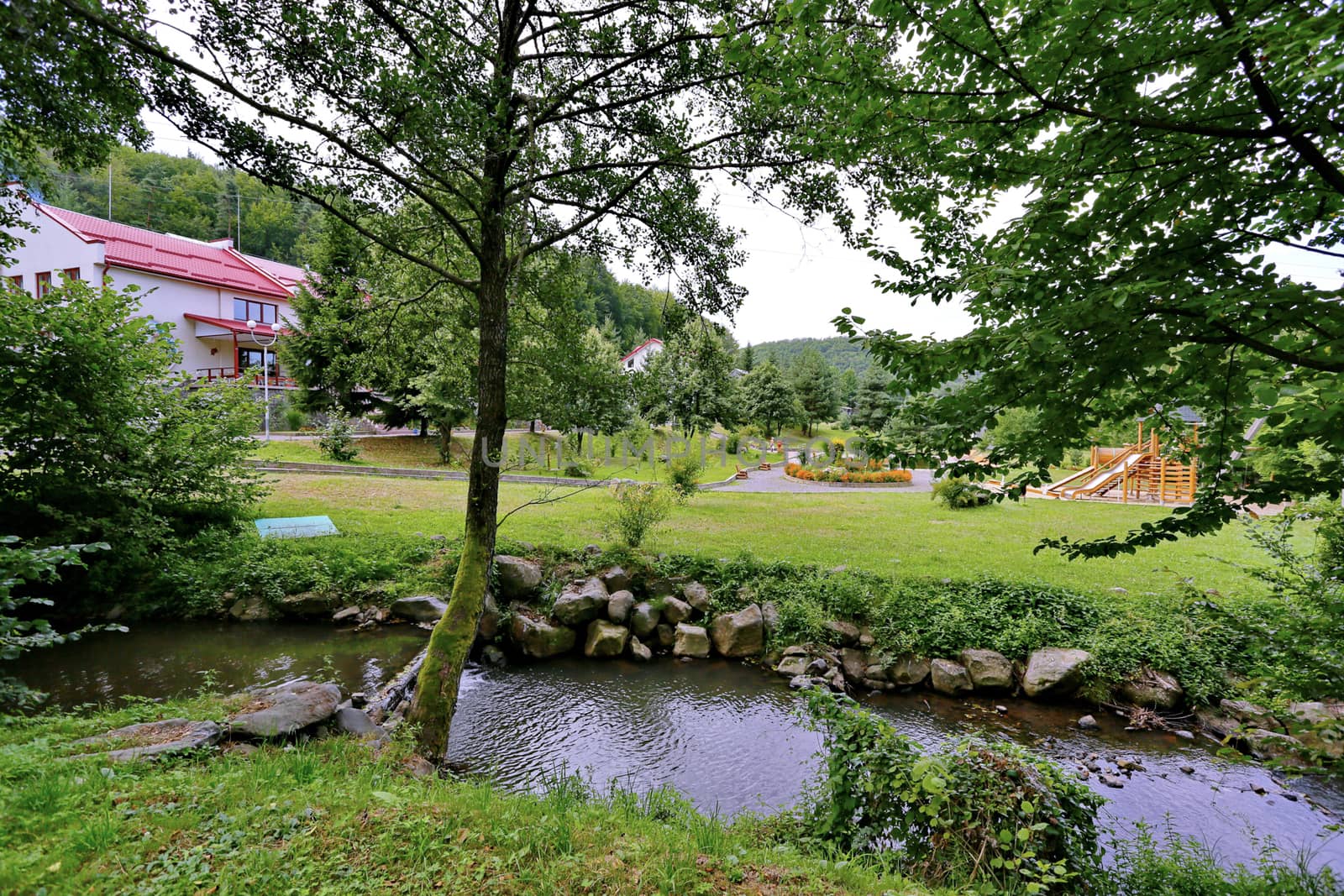 transition from the stones through a shallow stream leading to the playground and flowers growing next to it