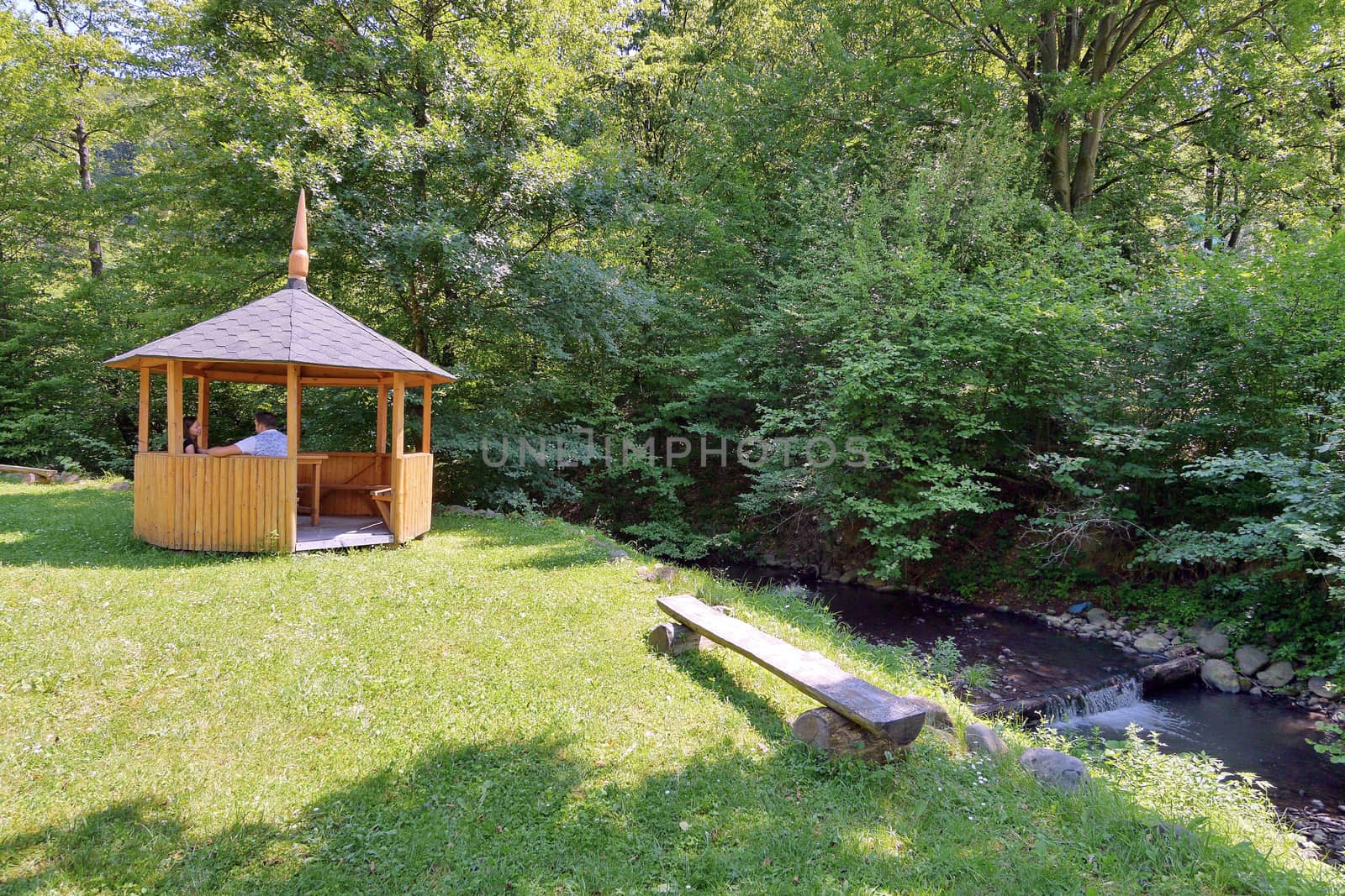 gazebo and bench for relaxation on a green carpet of grass on the bank of a forest river