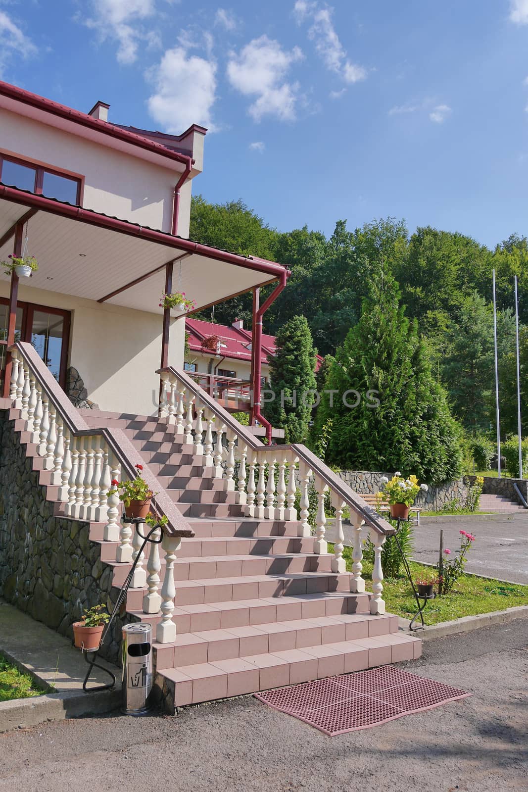 The central entrance to the building with steps lined with tiles and a decorative lawn nearby