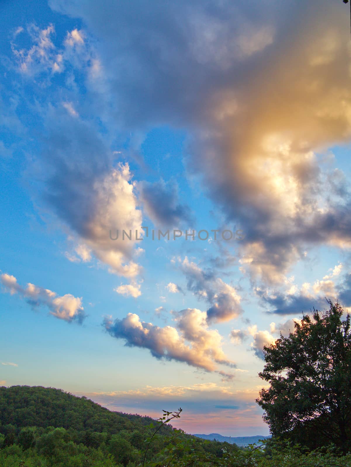 Lightly dark clouds in the blue sky slowly floating into the distance above the green treetops growing on the mountain slopes.