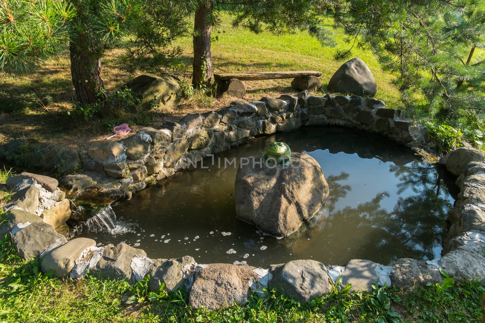 memorable cheerful green toad on a rock in an artificial lake facing a stone under a tree