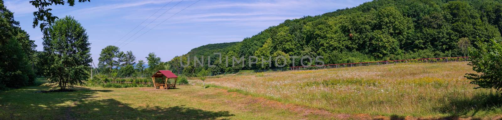 A panorama of meadow with a gazebo on the background of green wooded mountains on a clear day by Adamchuk