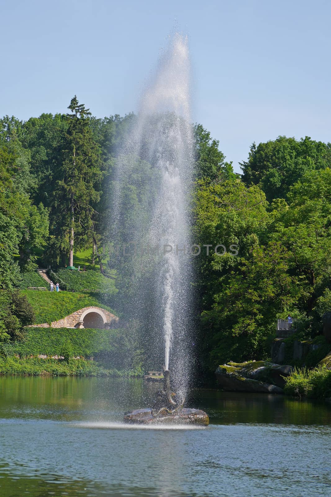 Transparent water fountain striking in the middle of the lake against a background of green nature and slopes in the park with people walking along the paths. by Adamchuk