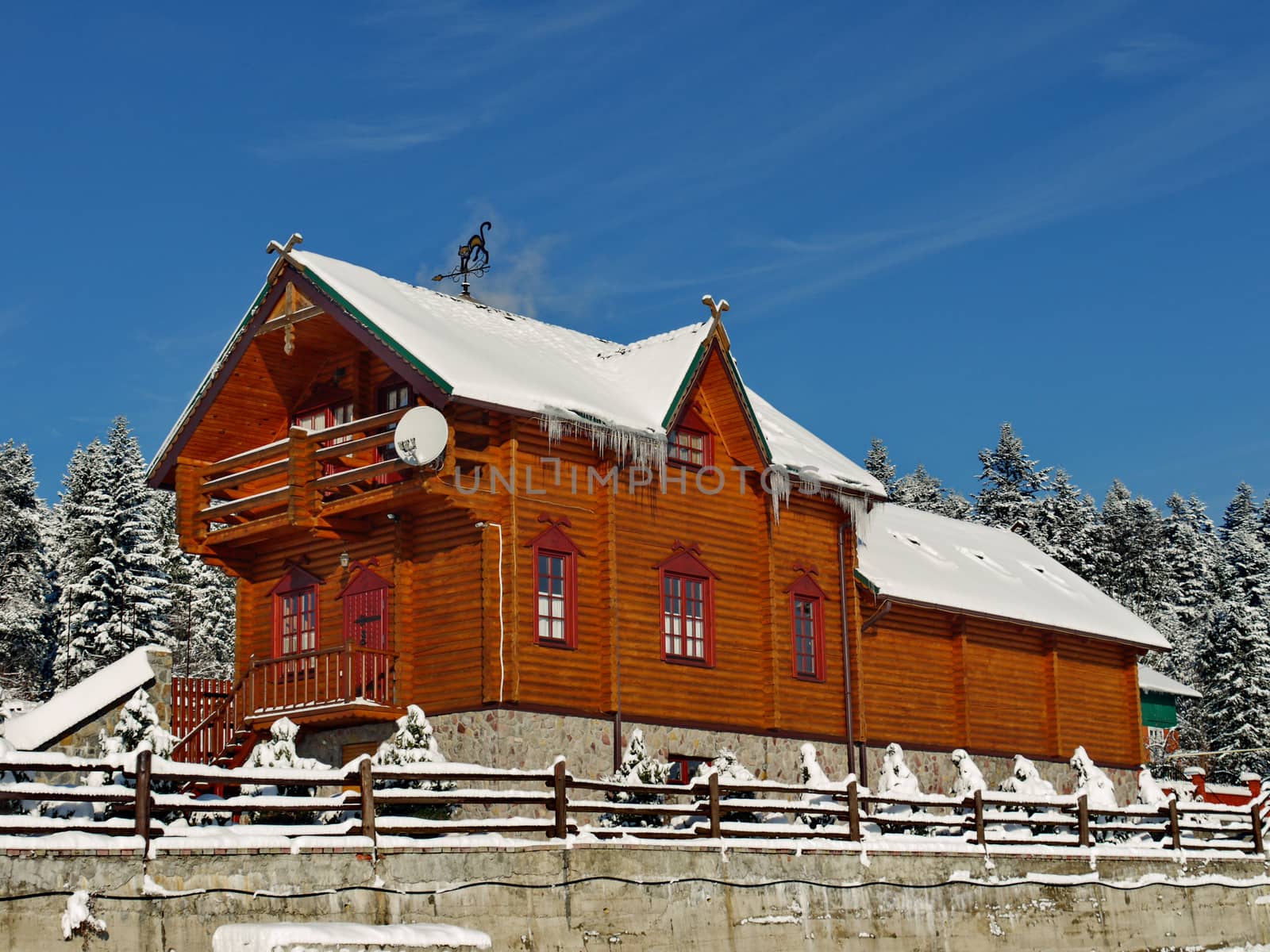 Luxury wooden cottage with a snow-covered roof and courtyard