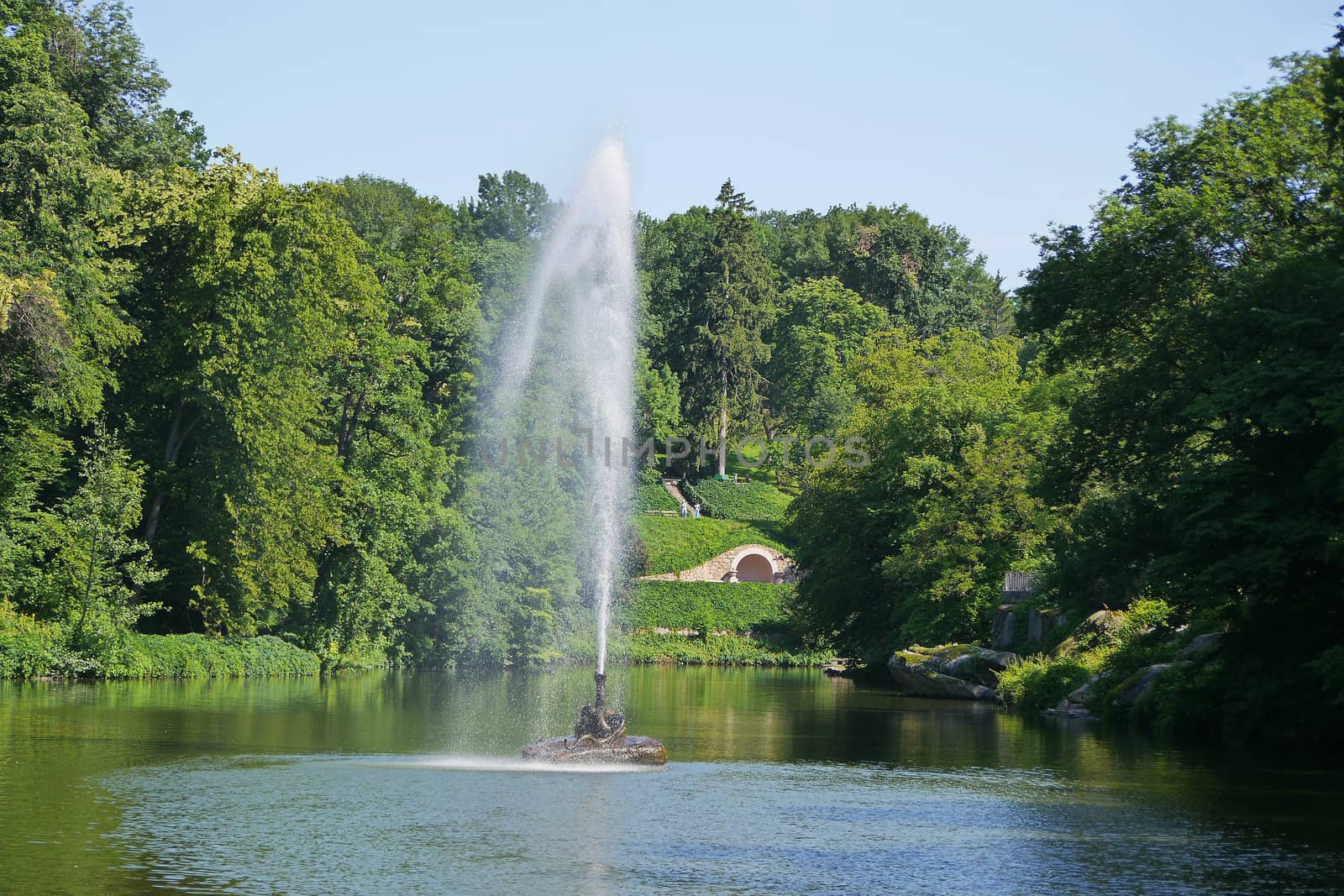 A large beautiful decorative fountain in the middle of a transparent lake against the background of a green park zone