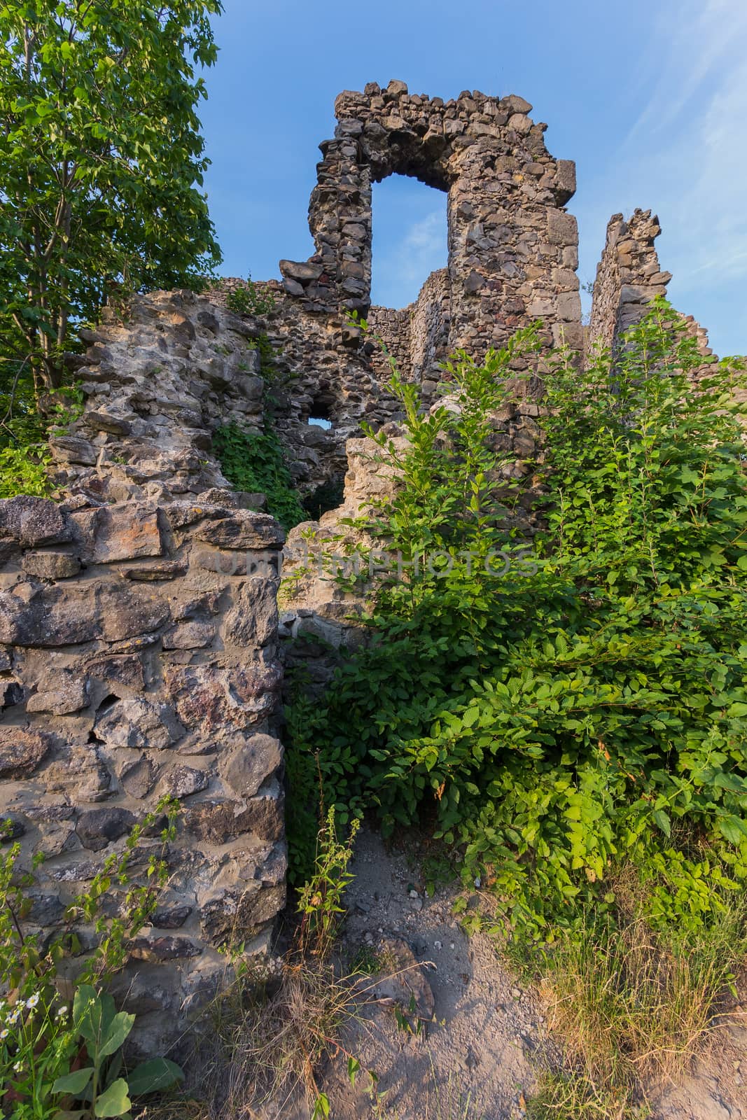 the remains of majestic stone walls of the Nevytsky castle on the mountain near Uzhgorod