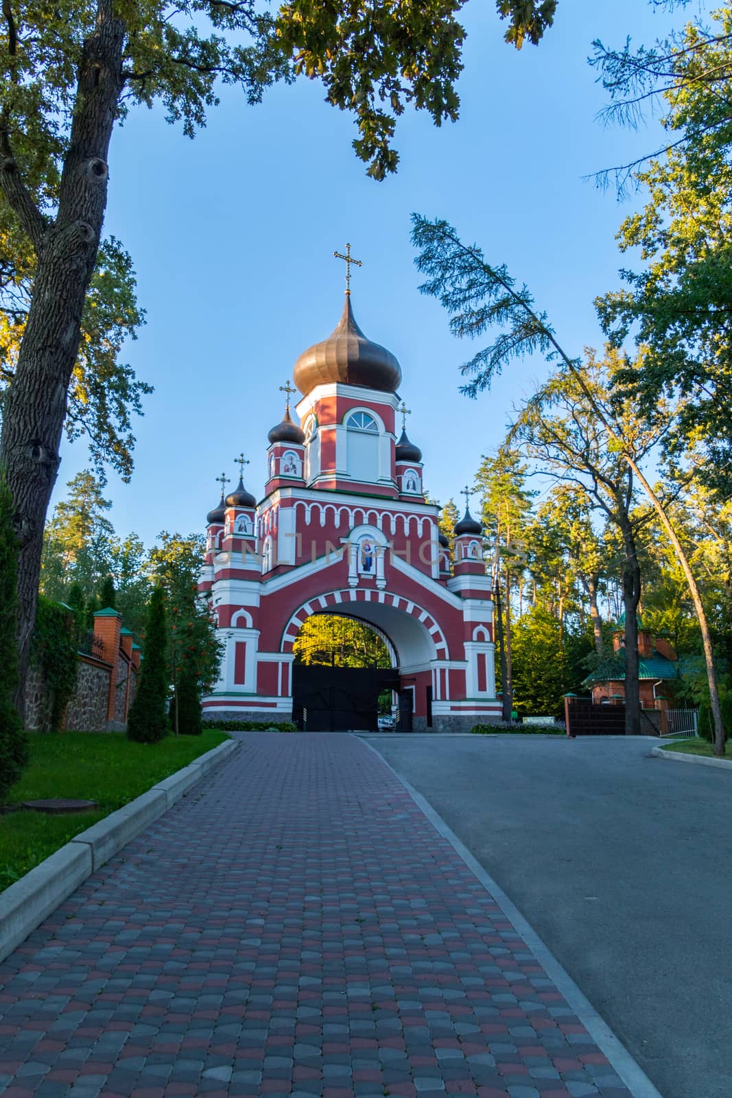 The road leading to the entrance with an arch and domes on the territory of the church parish is located behind the fence. With tall trees growing there. by Adamchuk