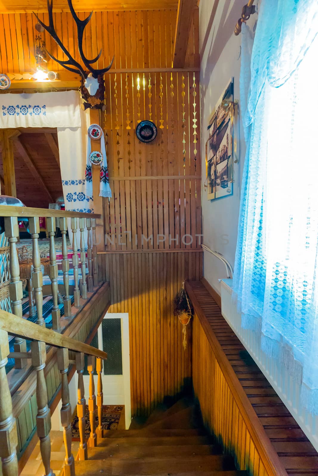 narrow wooden stairs with railing on the second floor of a house decorative tree