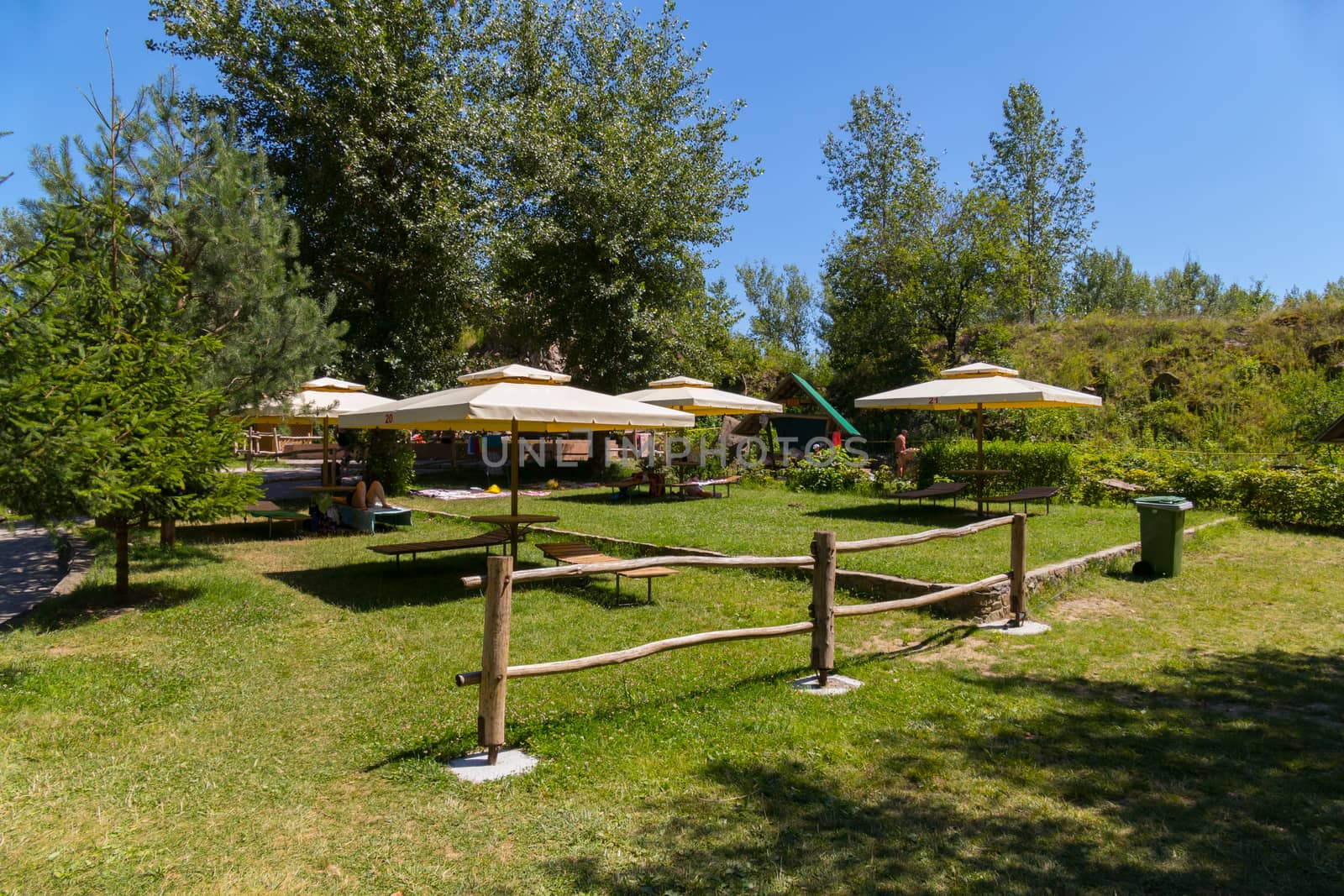 Large umbrellas with sunbeds under them against the backdrop of a beautiful park area with a wooden fence