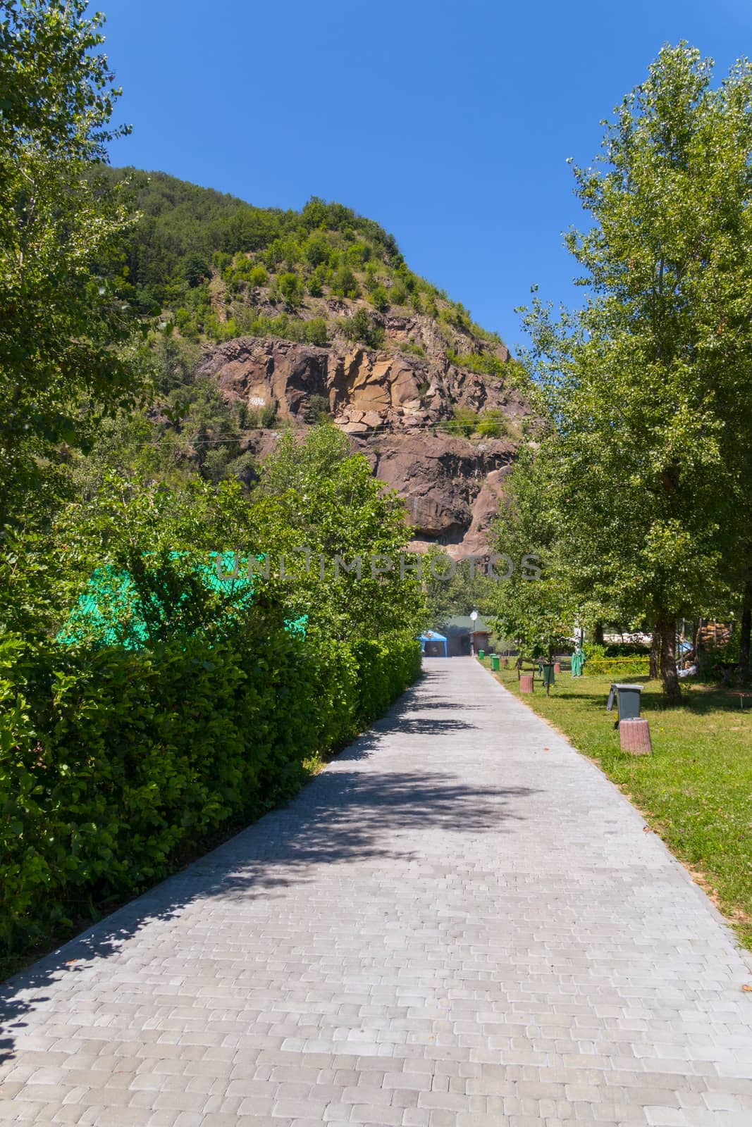 a path in the park among green plants leading to a stony slope standing in the distance by Adamchuk