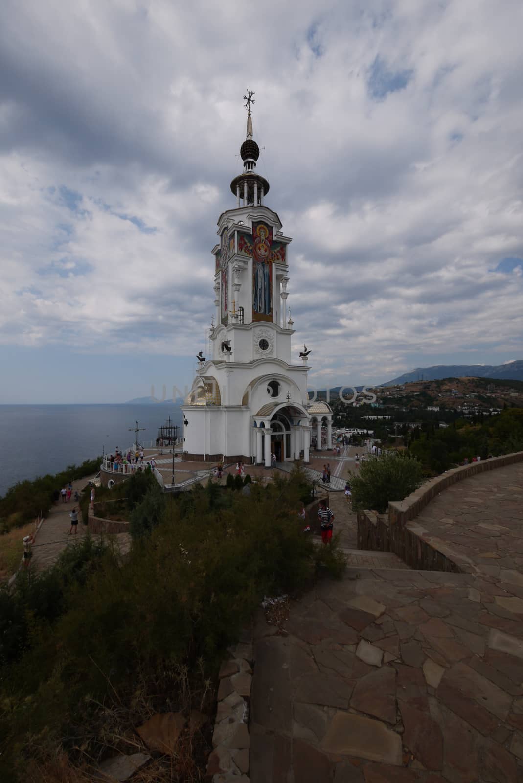 Beautiful high Foros church on the rocky coast of the Black Sea. Foross, Crimea, Ukraine