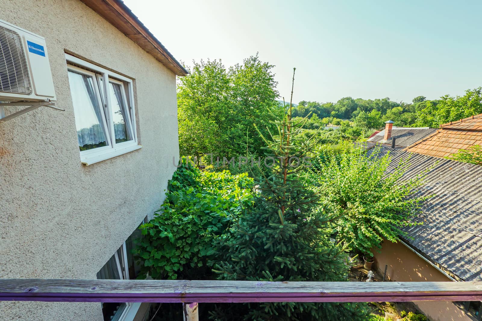 View from the balcony to the courtyard at the tall green trees and the nearest buildings of the building