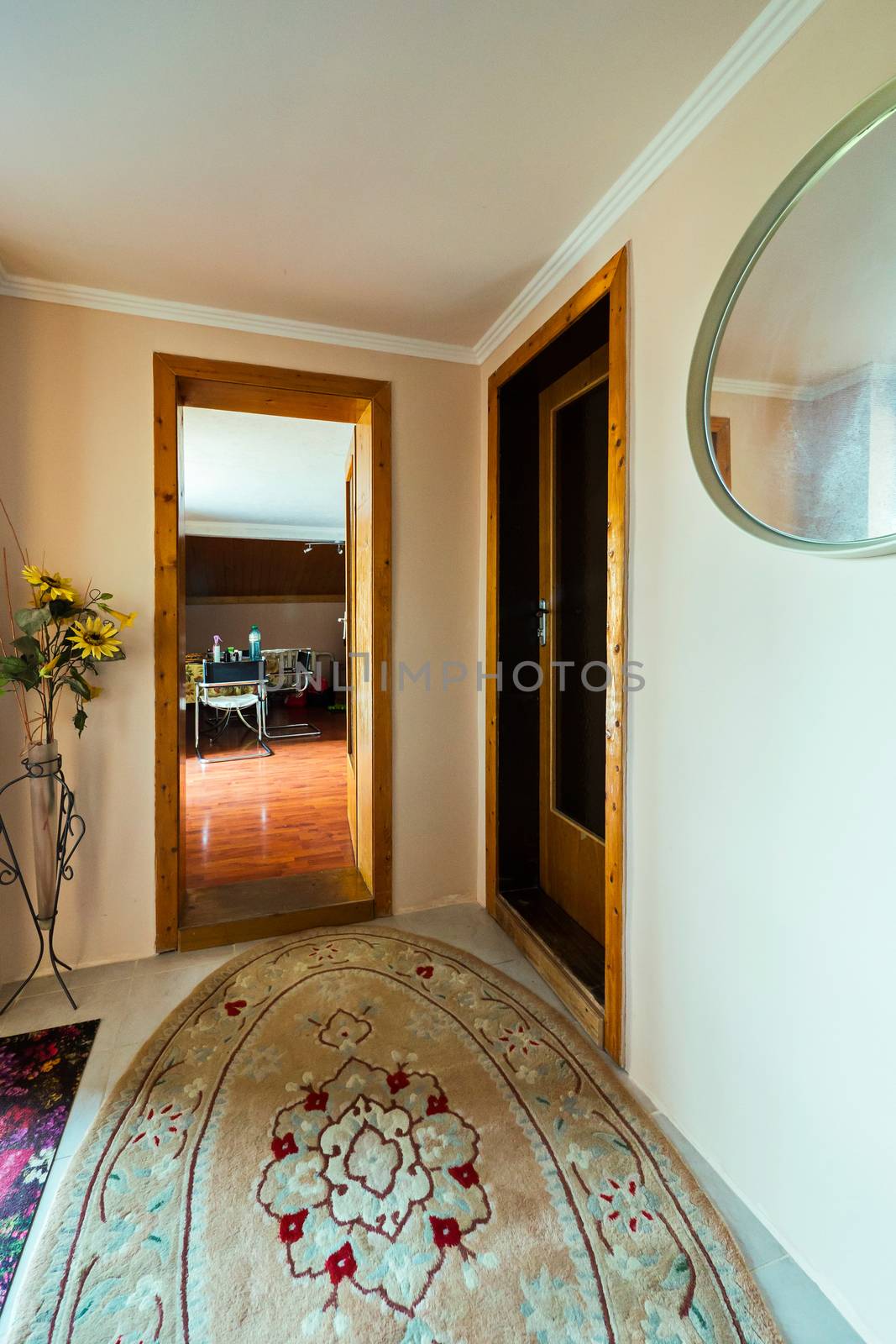 A beautiful oval-shaped carpet lying in the room near the wooden doors leading into the next room. by Adamchuk