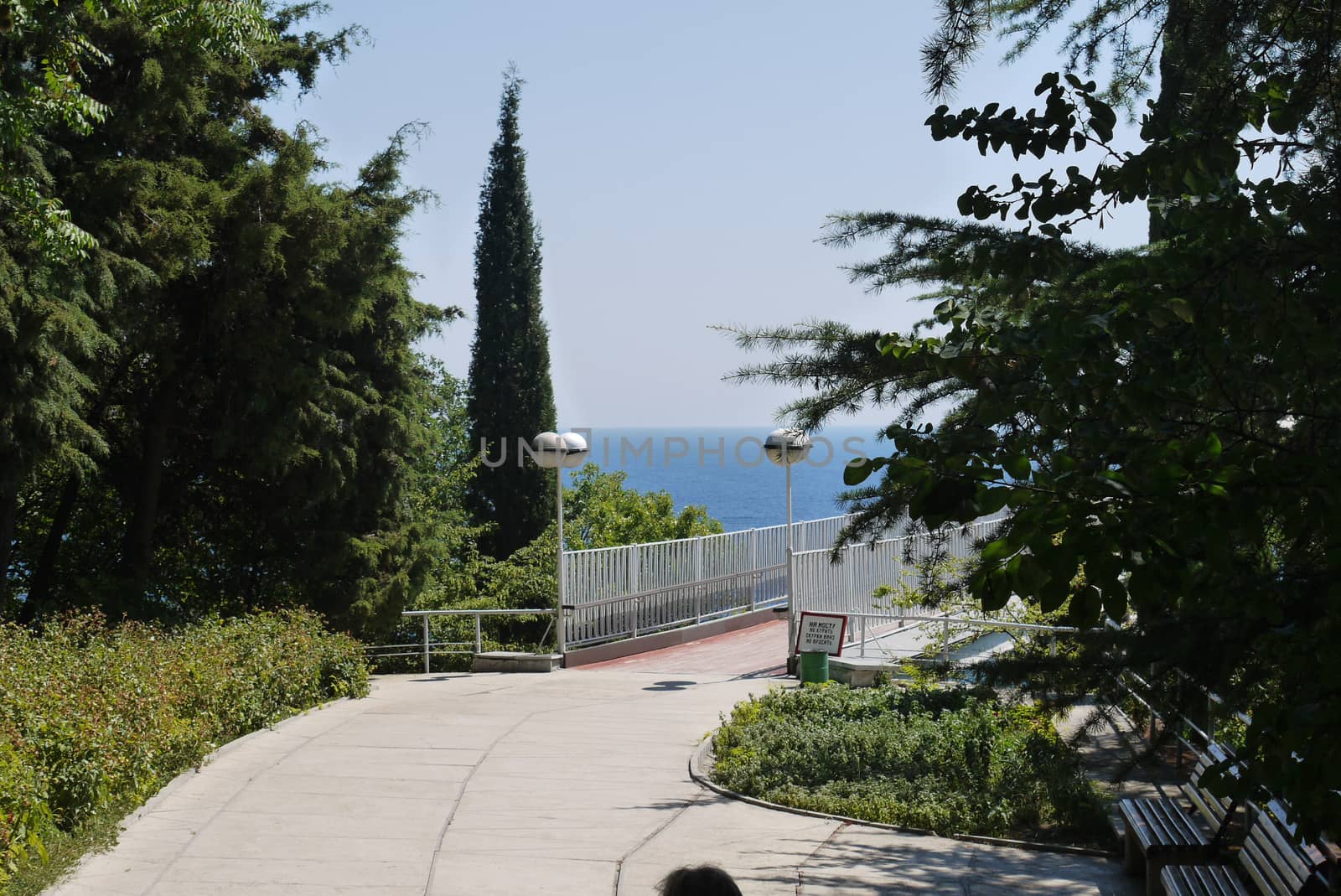 a path in the park overlooking the blue sea leading to the bridge