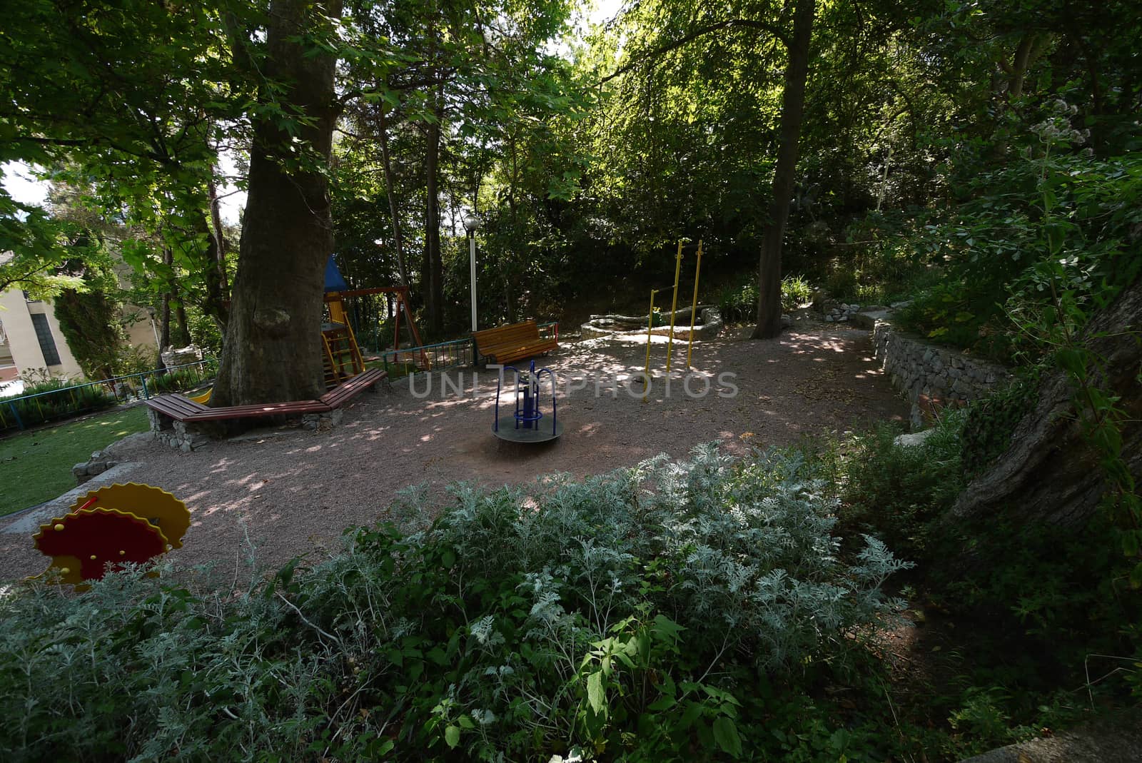 in the shadow of a thick crone of a dense maple there is a children's playground with wooden benches