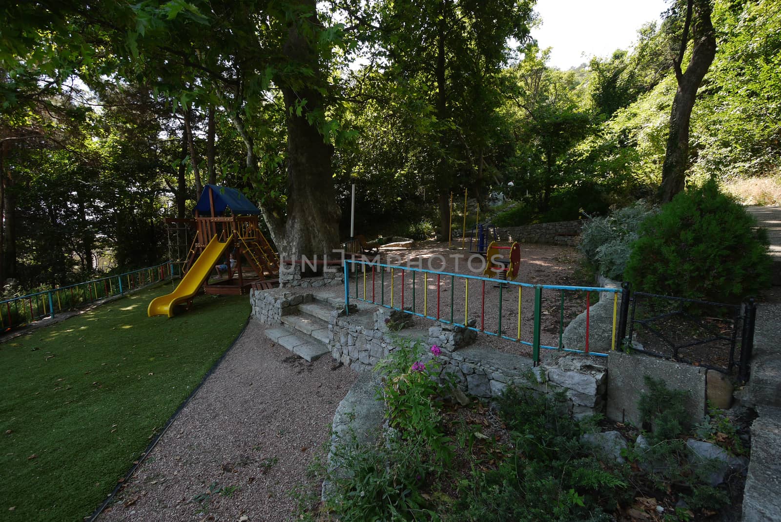 playground in a park on green grass in the shade of a tree