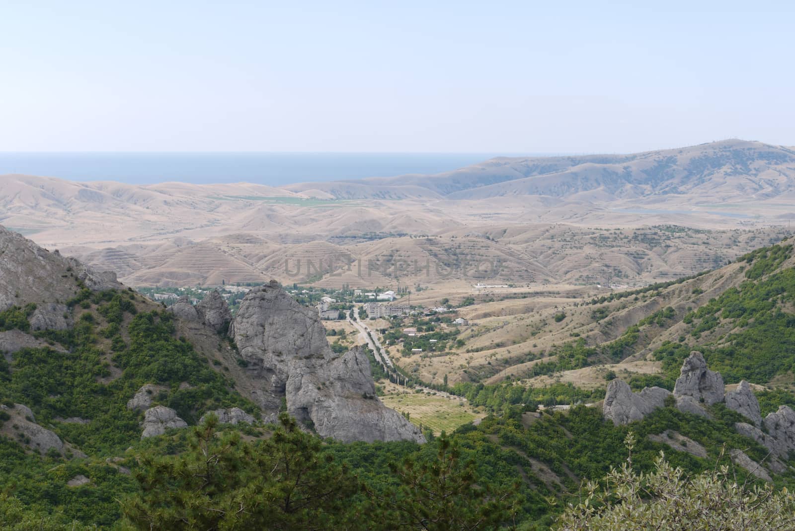 panorama to the Crimean mountains and the Black Sea on a clear day