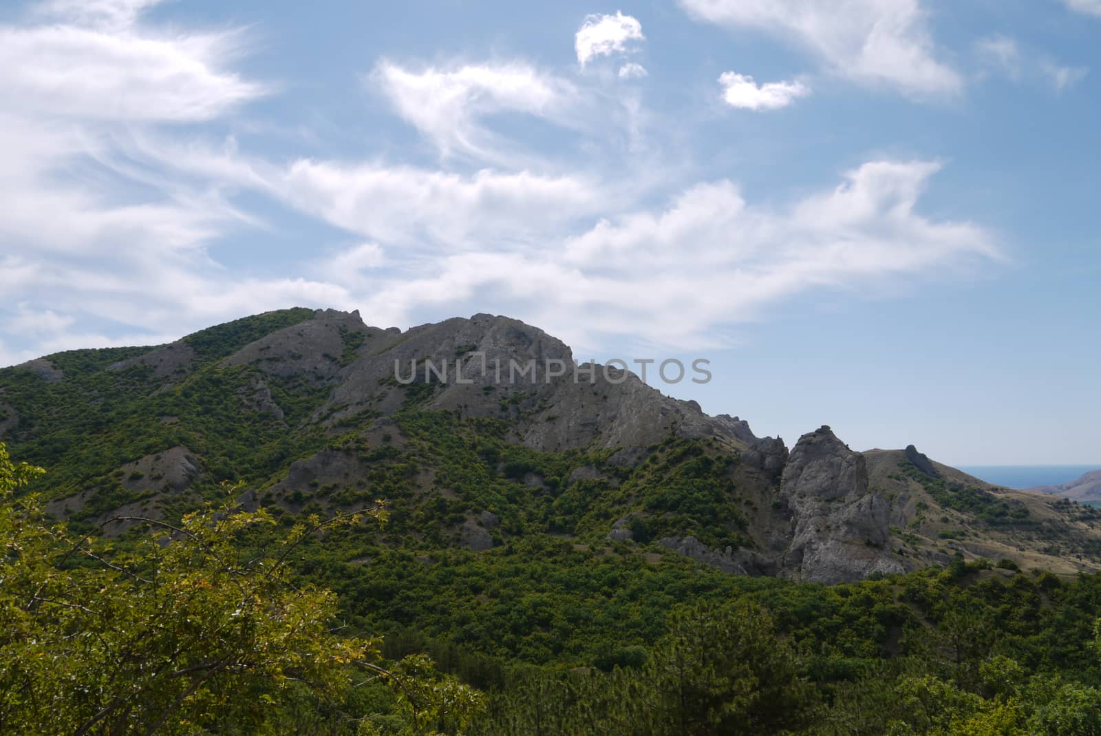 The rocky mountain peak against the background of a bright sky with transparent clouds overgrown on the slopes by a rare and below a dense green forest.