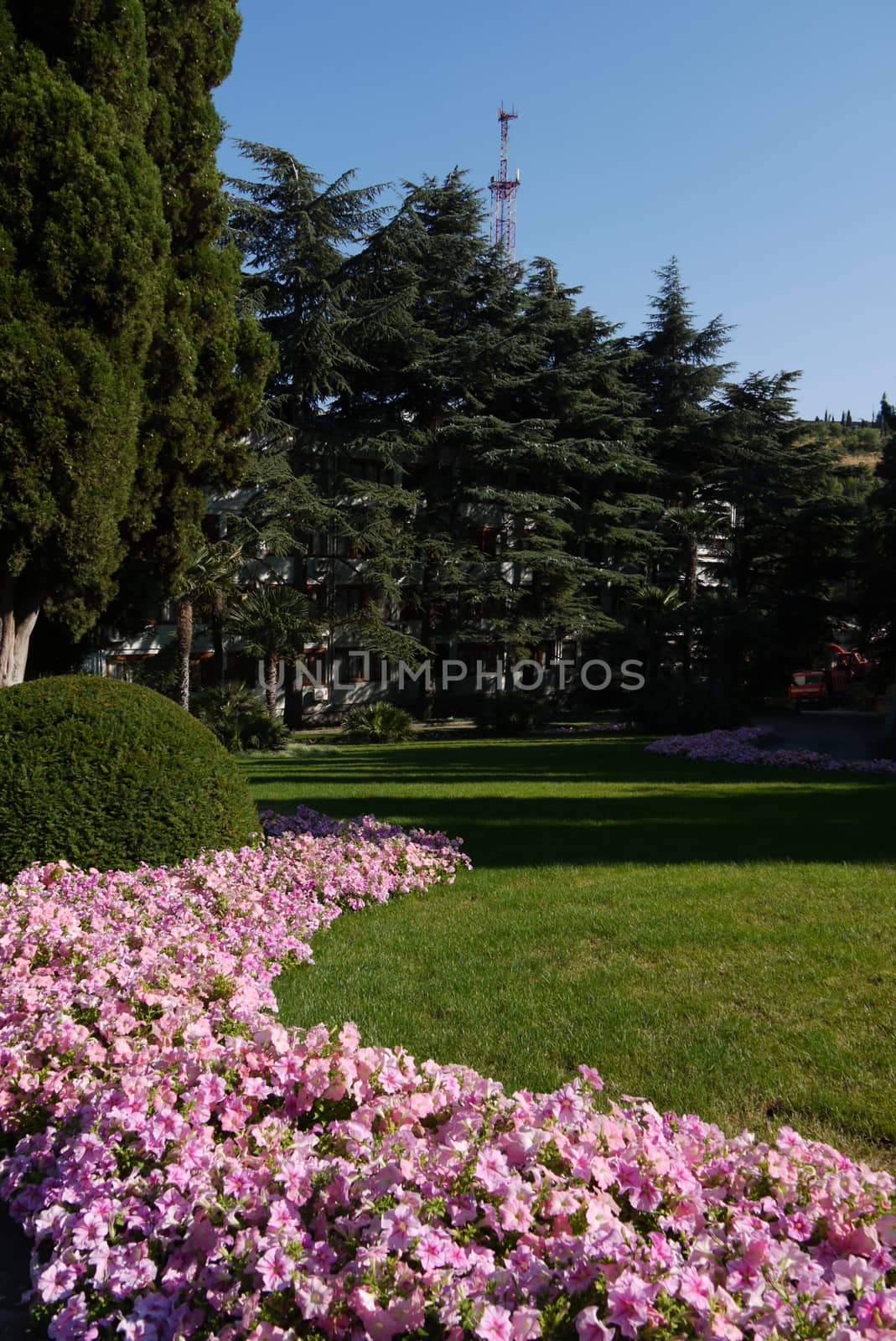 A flower bed with small pink flowers near a smoothly cut lawn against a background of decorative artisans and tall trees