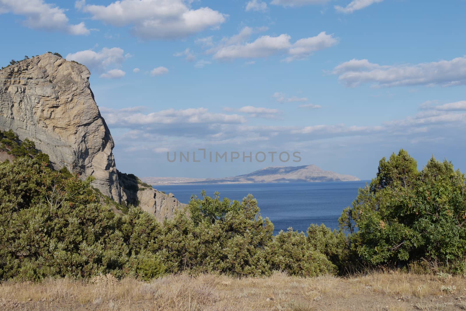 A beautiful mountain plain with a steep rocky rock against the backdrop of the boundless blue sea by Adamchuk