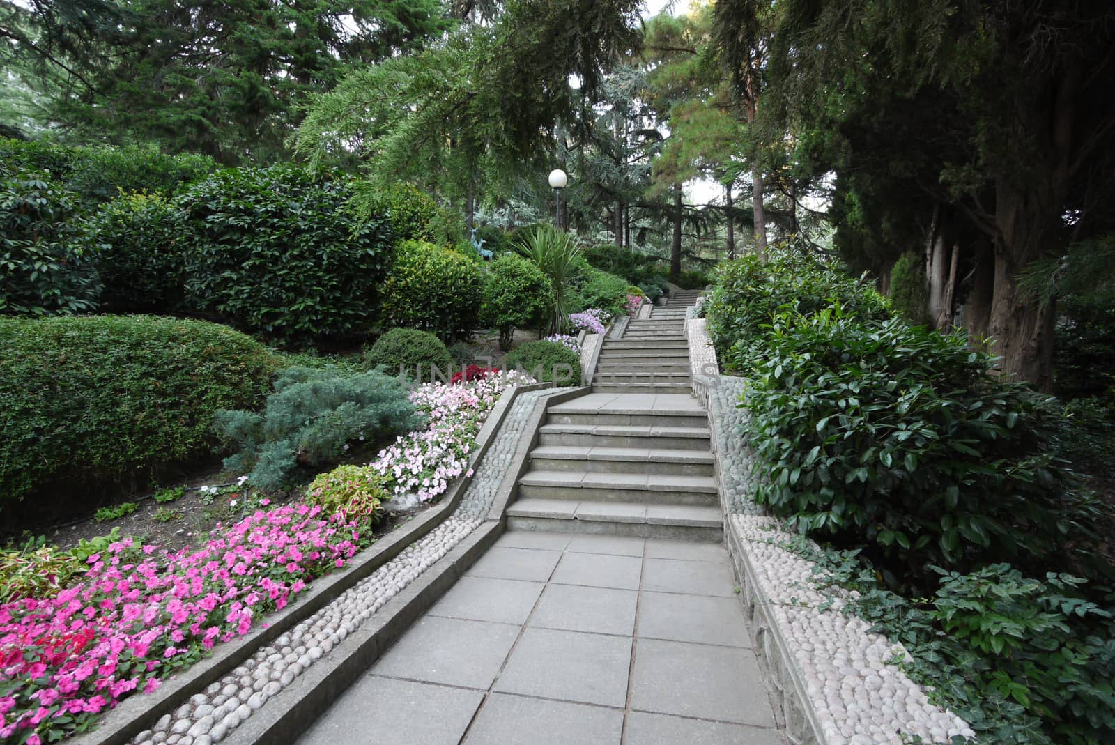 stairs in the park on a background of flowers and bushes