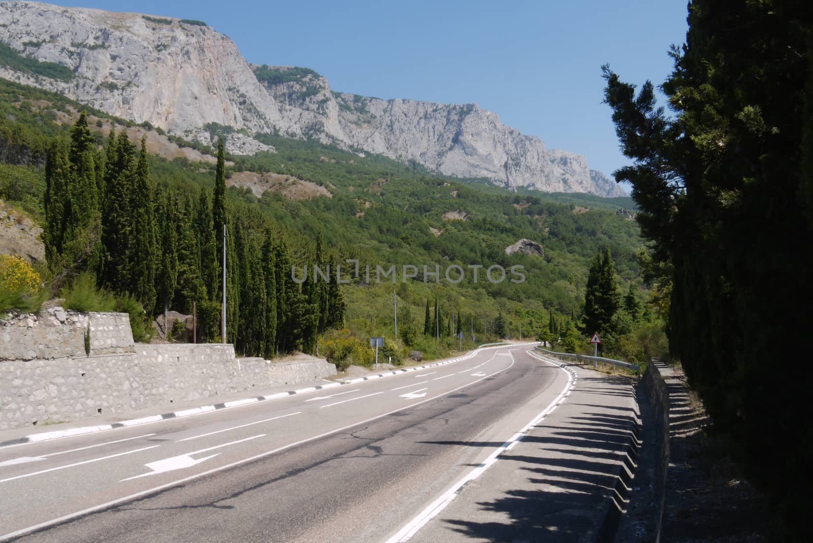 long road against the background of huge mountains surrounded by trees