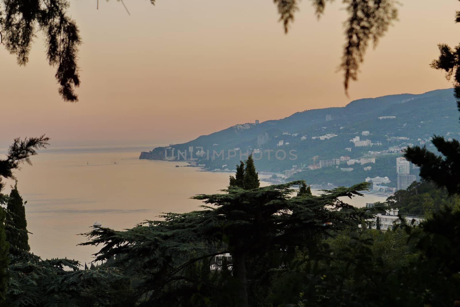 A large seaside resort town in the colors of the evening summer sunset by Adamchuk