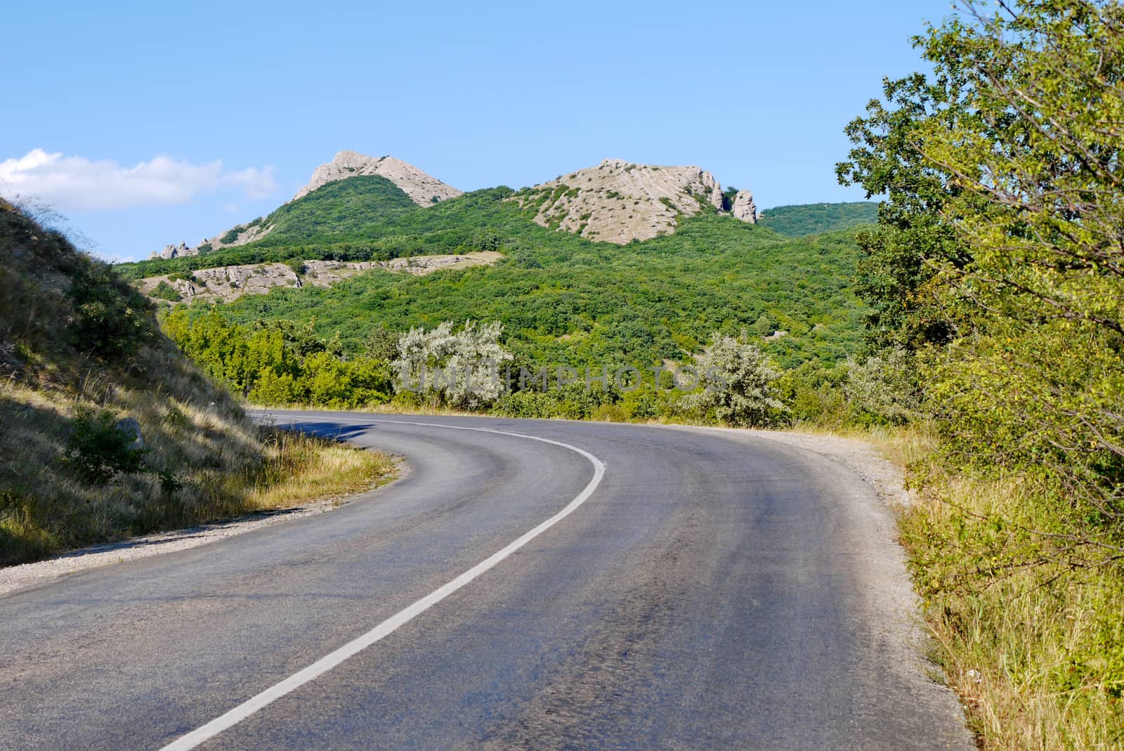 the road is rolled up against the background of high cliffs covered with grass under the blue sky by Adamchuk