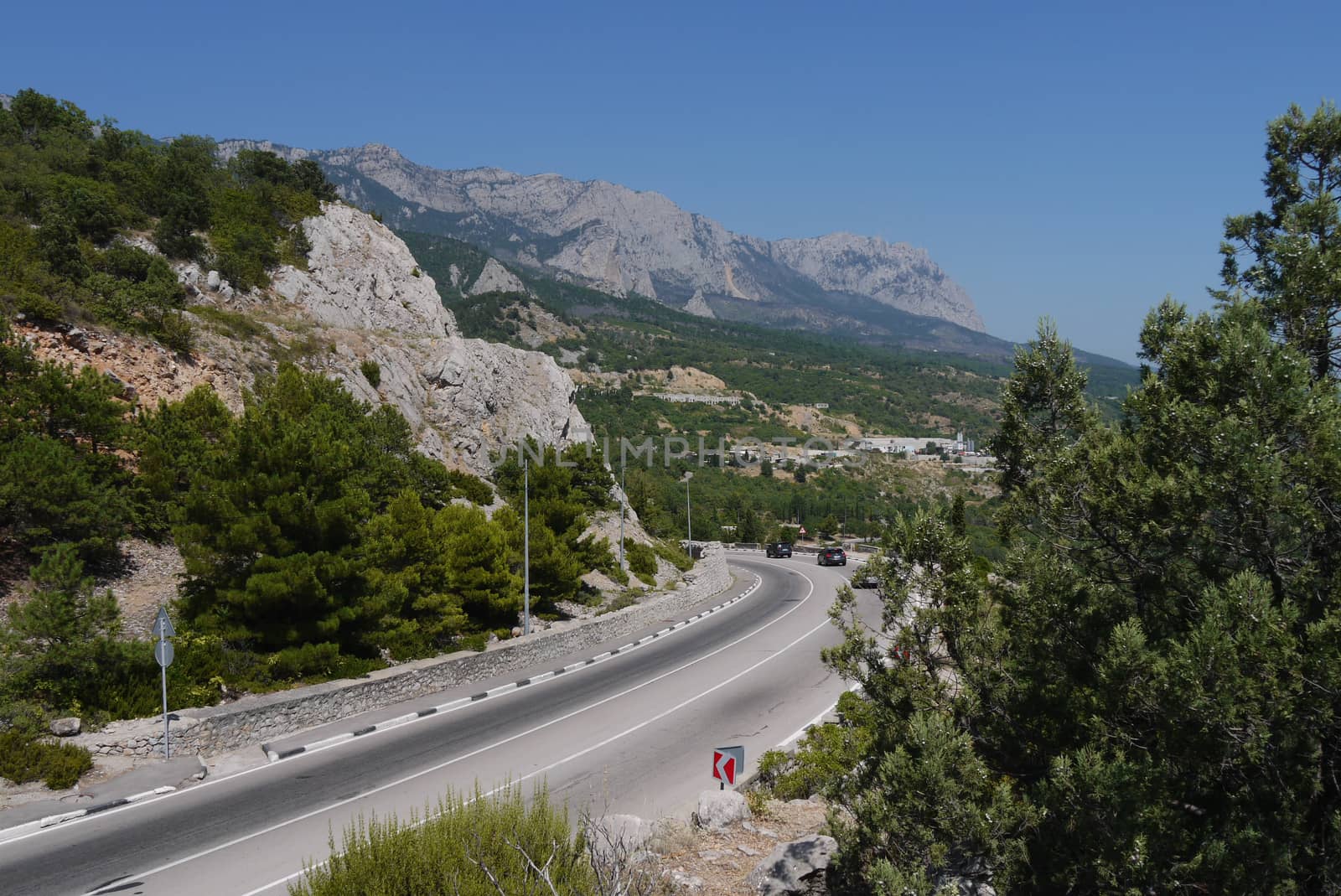 the road is twisted in the middle of the great mountains covered with trees on the background of a blue sky by Adamchuk