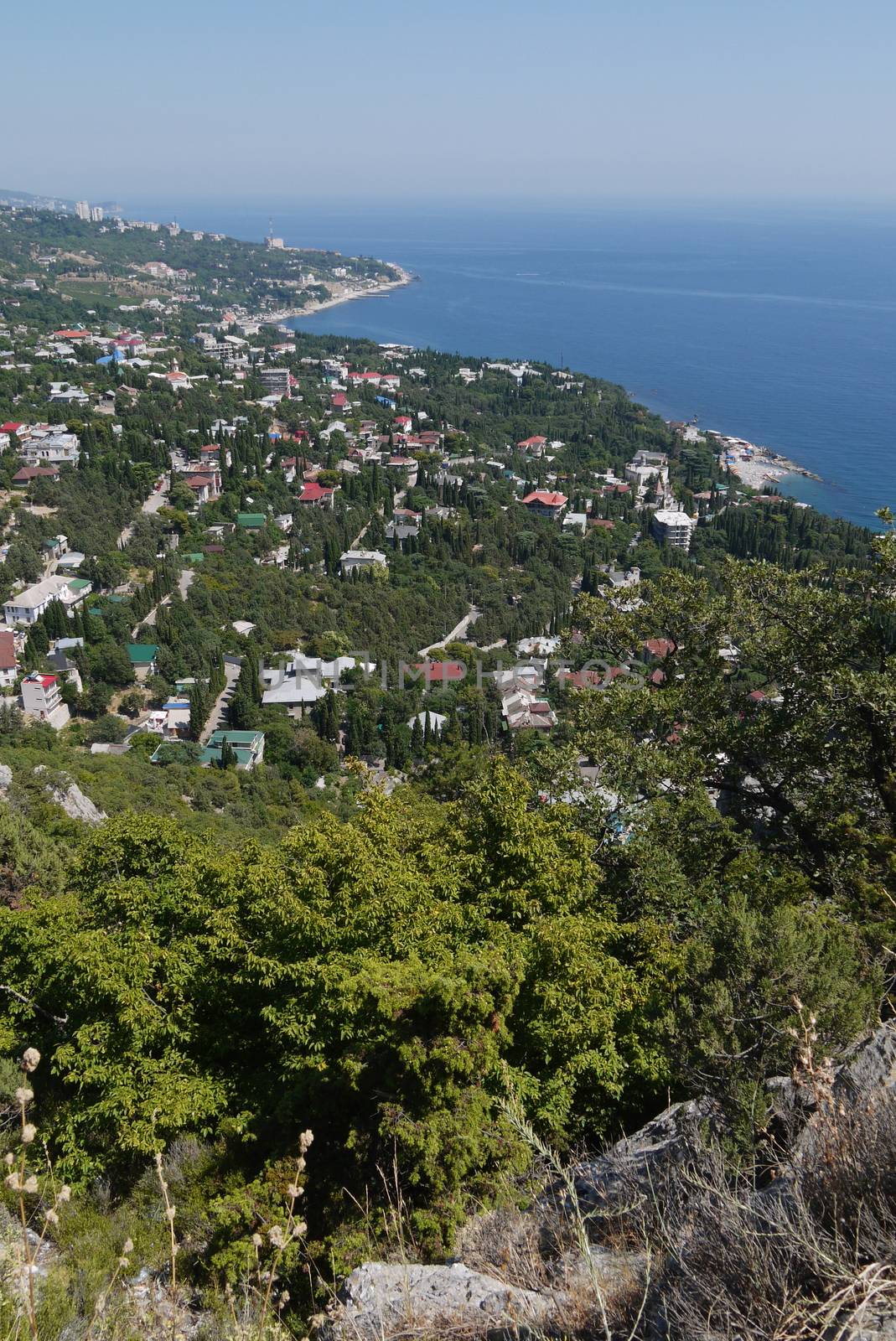 small grass-covered rocks on the background of a beautiful coastal town