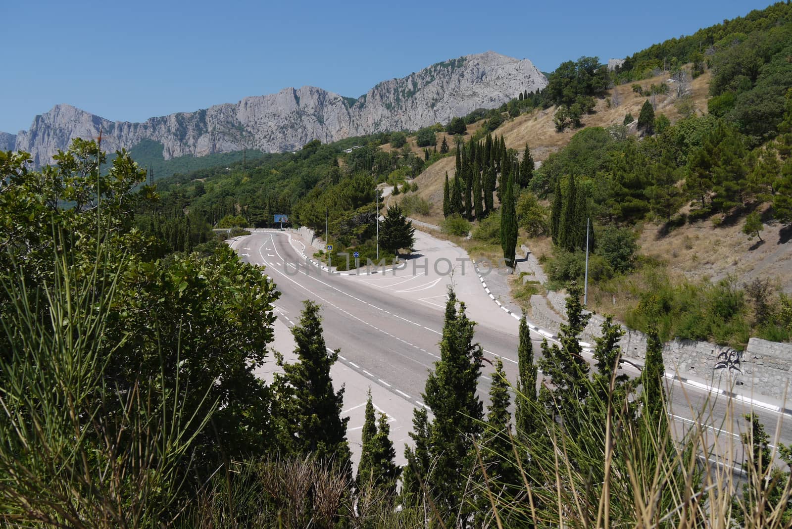 the road is twisted on the background of the steep cliffs surrounded by dense forest