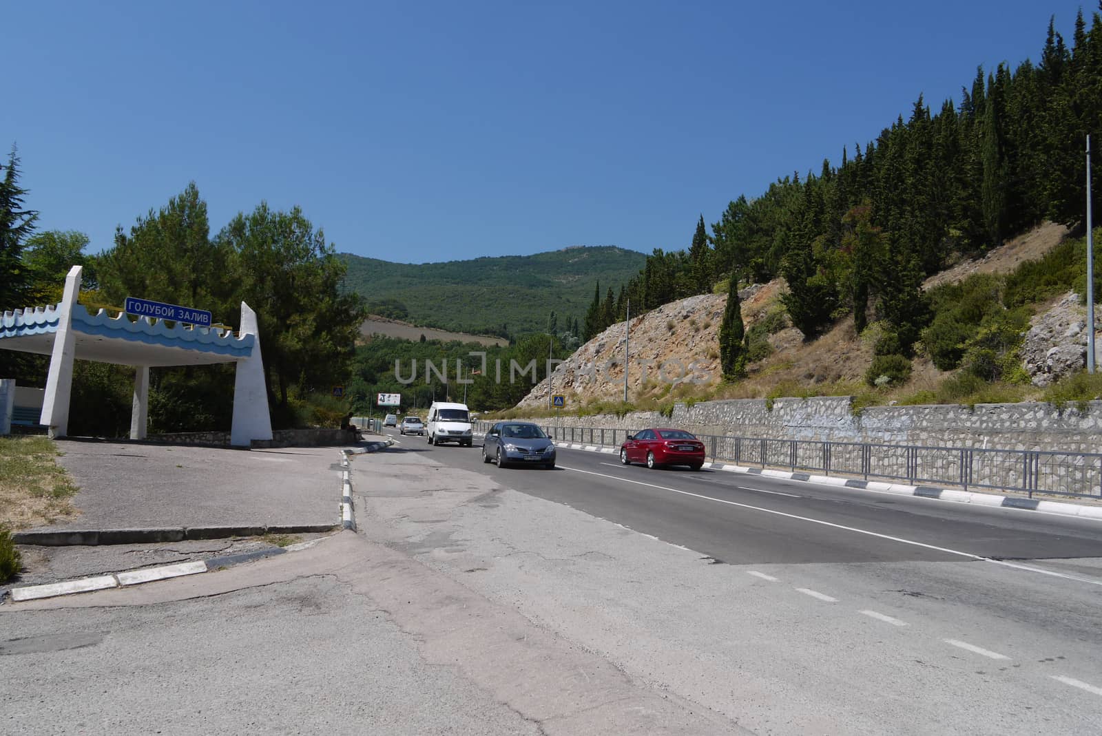 a long road against the background of high mountains covered with trees by Adamchuk