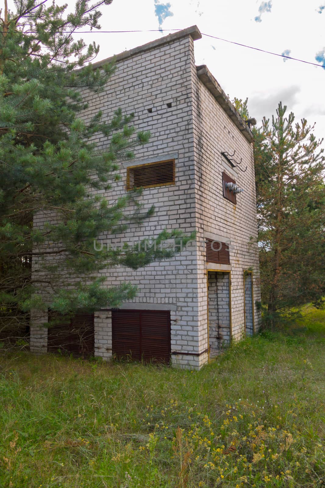 The old abandoned building is surrounded by tall green trees on the background of a blue sky by Adamchuk