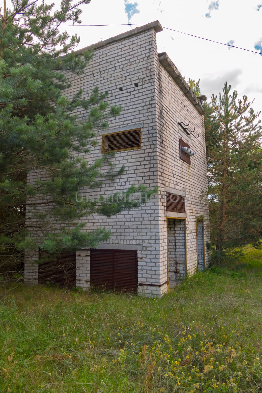 The old abandoned building is surrounded by tall green trees on the background of a blue sky