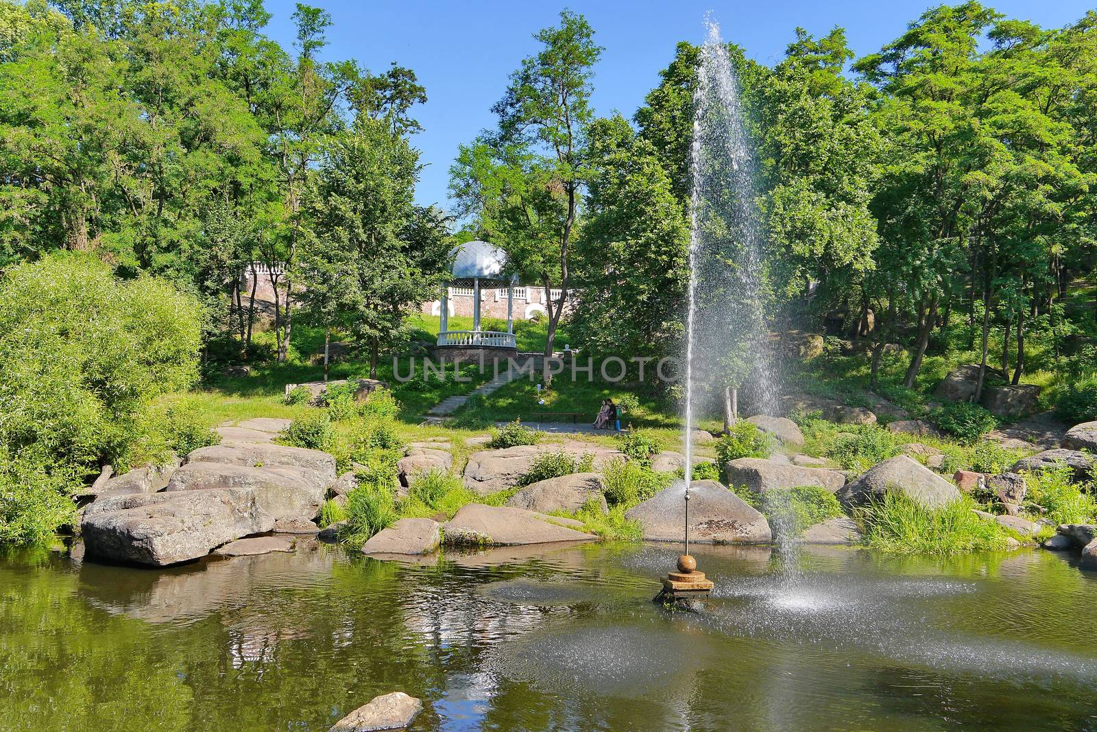 beautiful fountain in the middle of a wide rocky river on the background of dense green trees by Adamchuk