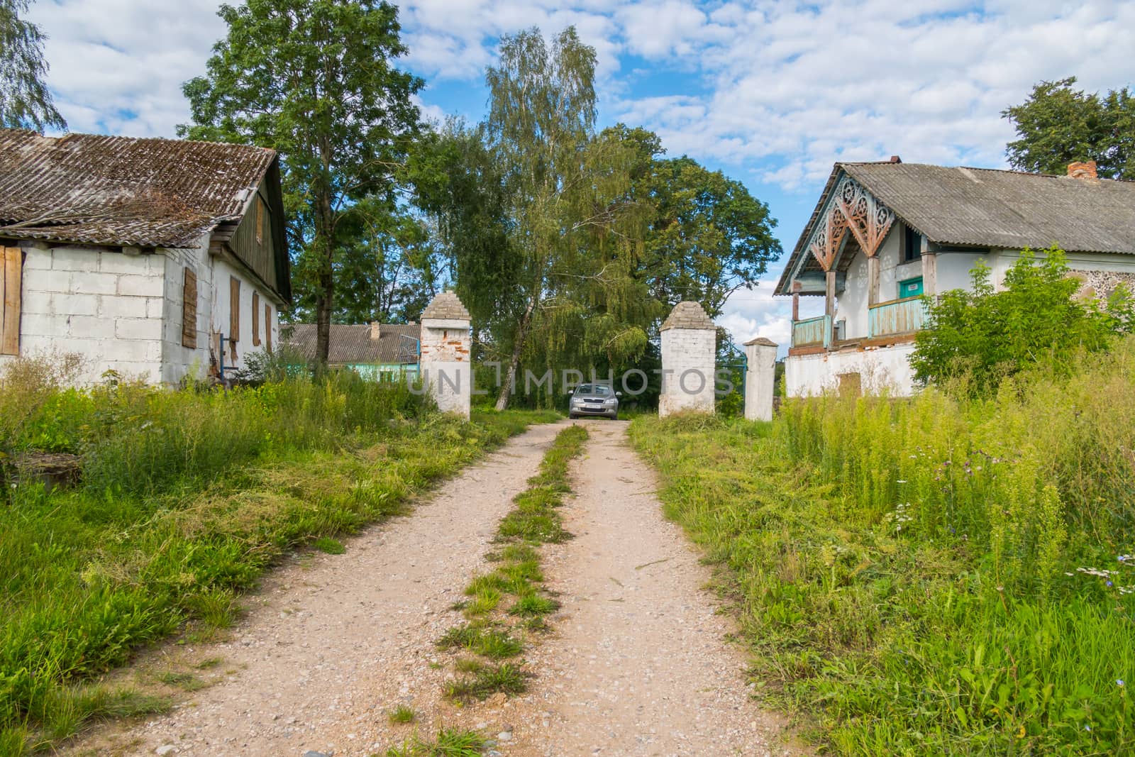 A long wide road is surrounded by grass on the background of abandoned houses and tall, lush trees