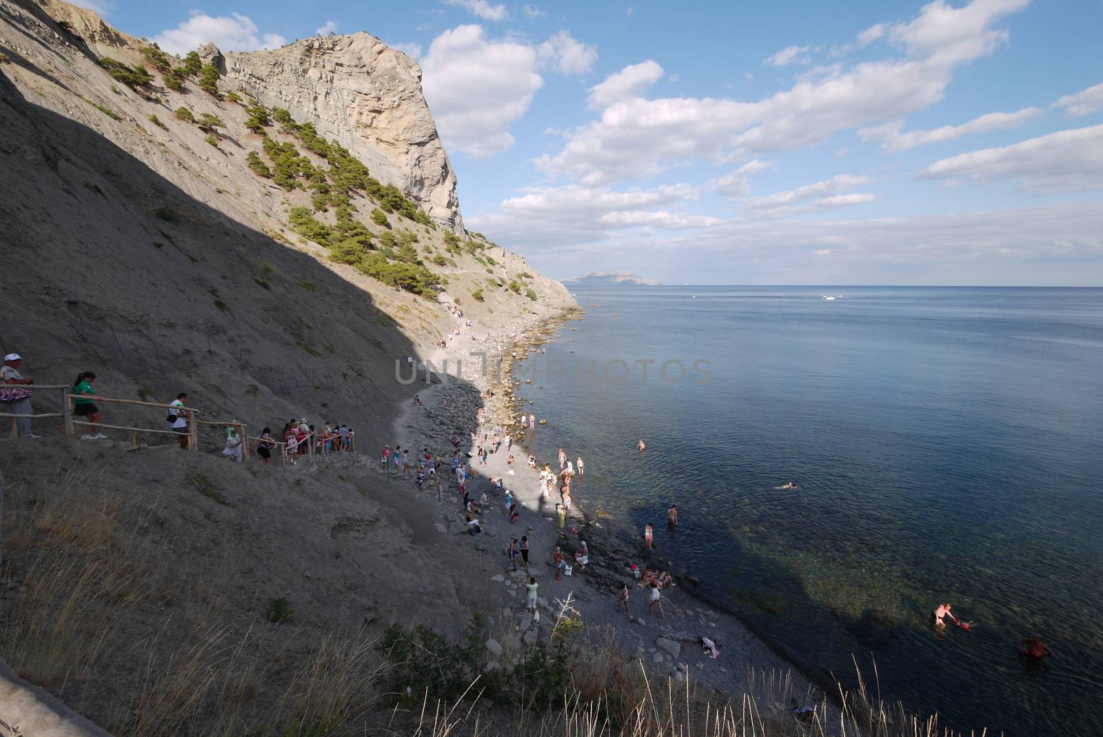 beautiful Crimean slopes on the shore of the Chanoe sea.Tipping on the beach