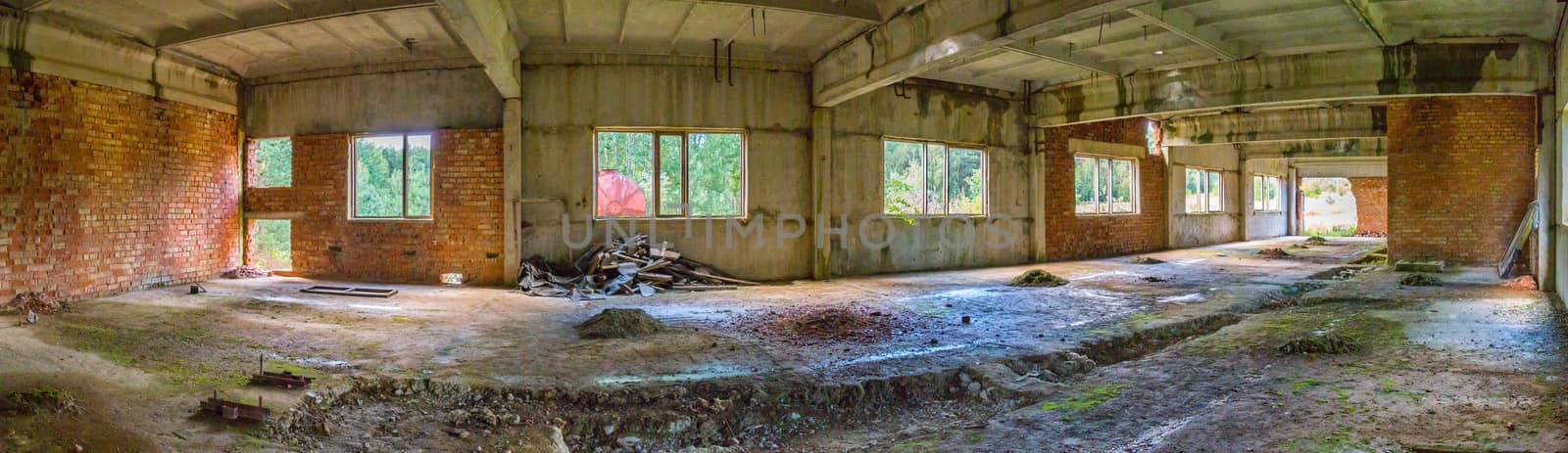 empty deserted room of an abandoned building in the middle of a wide, dense forest