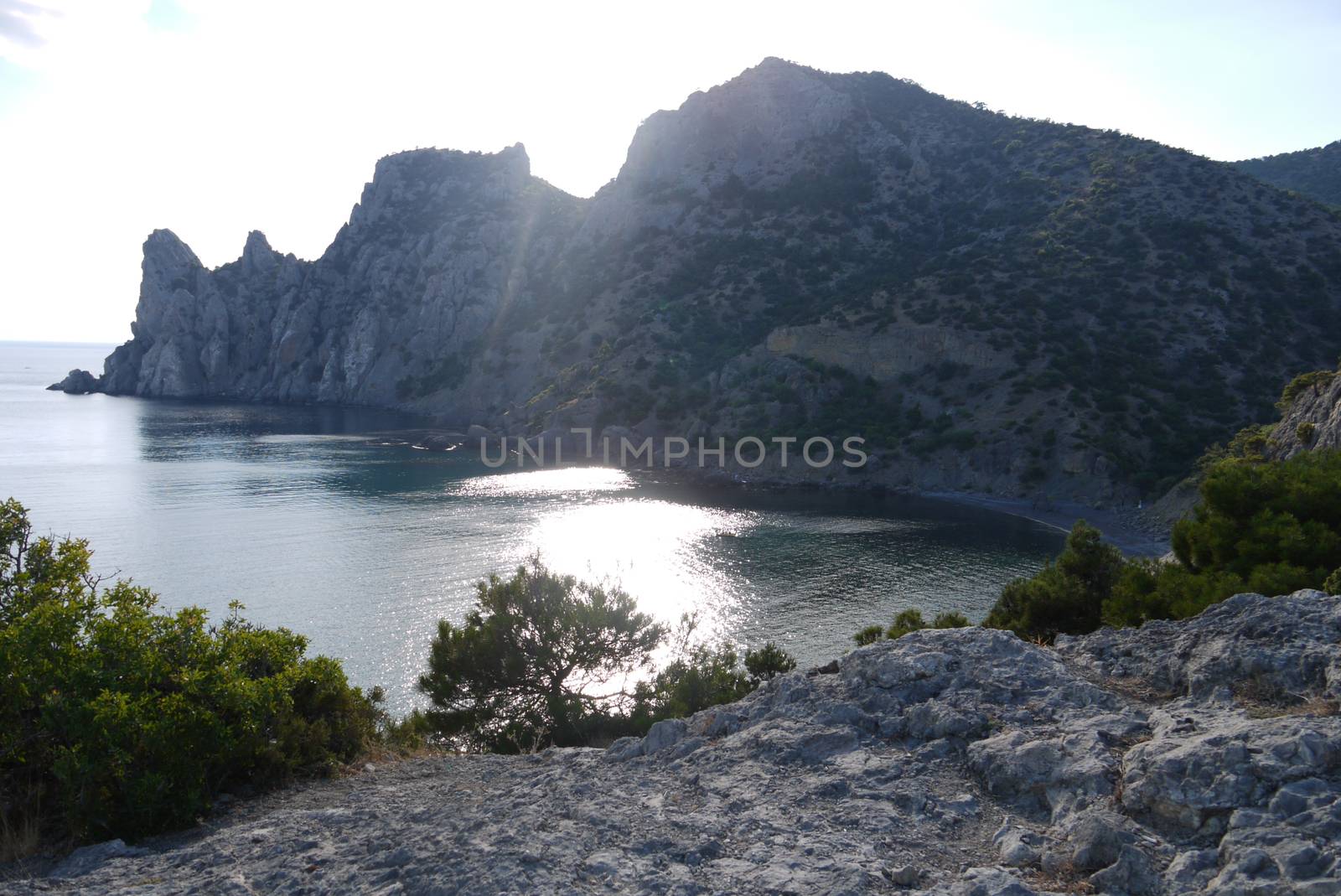 bay in the black sea on the background of steep cliffs covered with grass. Walking on a boat by Adamchuk